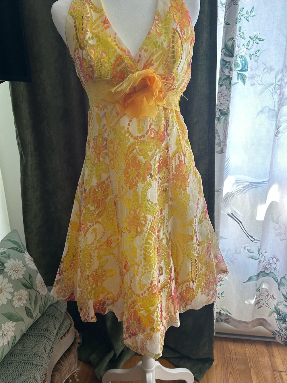 Yellow Floral Halter Dress with Waist Flower